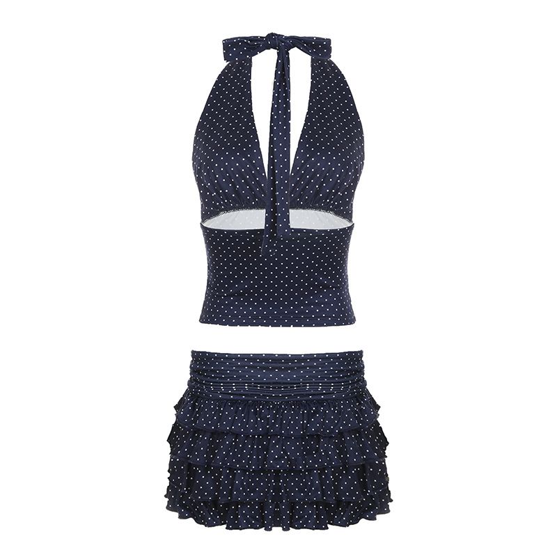 New Holiday Style Two-Piece For Women With Polka Dot Tie V-Neck Halter Top And Layered Ruffled Cake Skirt Set_ecoleips.com