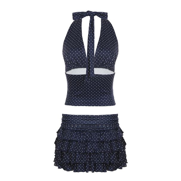New Holiday Style Two-Piece For Women With Polka Dot Tie V-Neck Halter Top And Layered Ruffled Cake Skirt Set_ecoleips.com