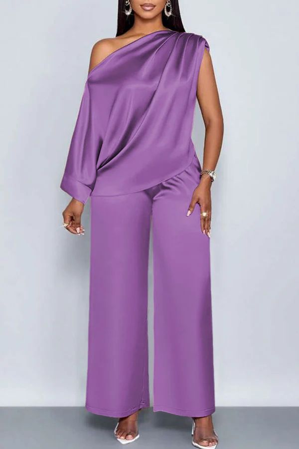 Women's Clothing Summer Casual Women's Satin Suit Oblique Collar Short Sleeved Top Trousers Suit_ecoleips.com
