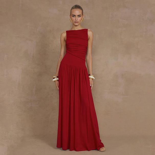 Women's Clothing Fashion Street Sleeveless Pleated Slim Solid Color Dress_ecoleips.com