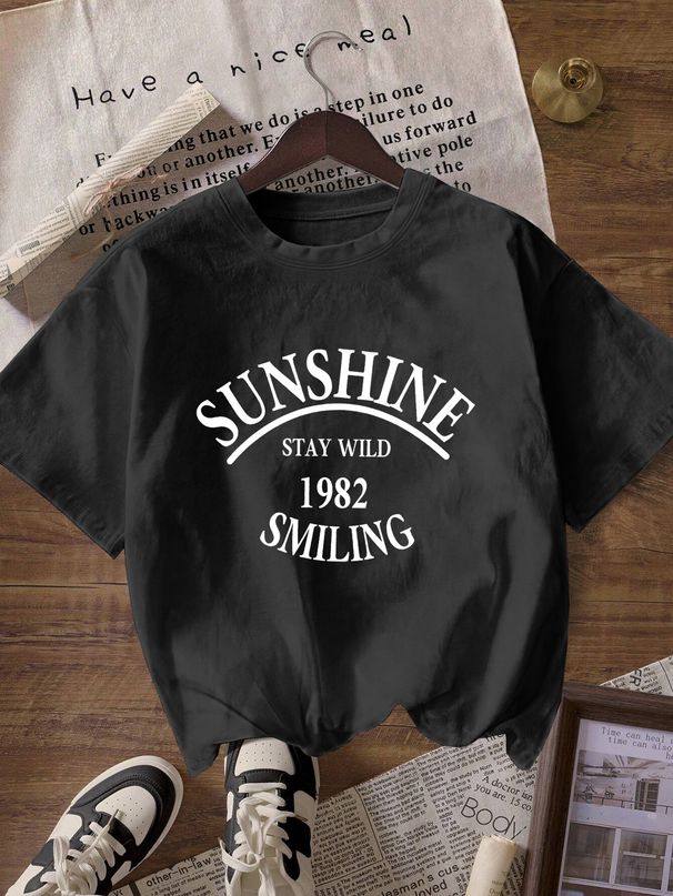 Women's Casual Round Neck Sports Top Multi Color Short Sleeve Fashionable Simple American Style Solid Printed Loose T-Shirt_ecoleips.com