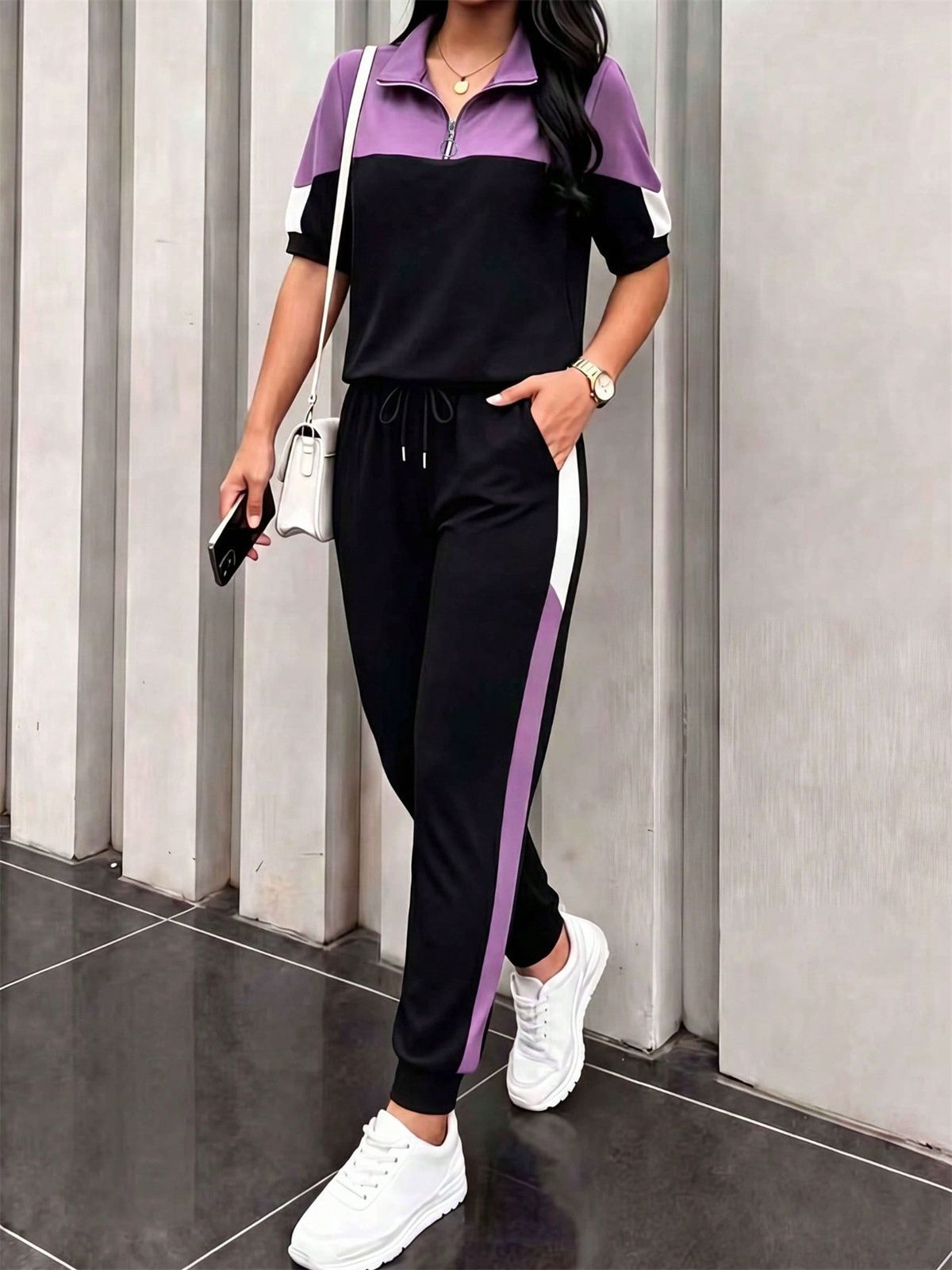 Women's Short Sleeve Two-Piece Set, Trendy Zip-Up Top And Wide-Leg Pants, Casual Spring Summer Outfits_ecoleips.com