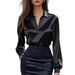 Elegant Satin V-Neck Blouse For Women - Fall Office Wear, Wrinkle-Resistant & Lightweight (Black, White, Blue) - S To Xxl_ecoleips.com