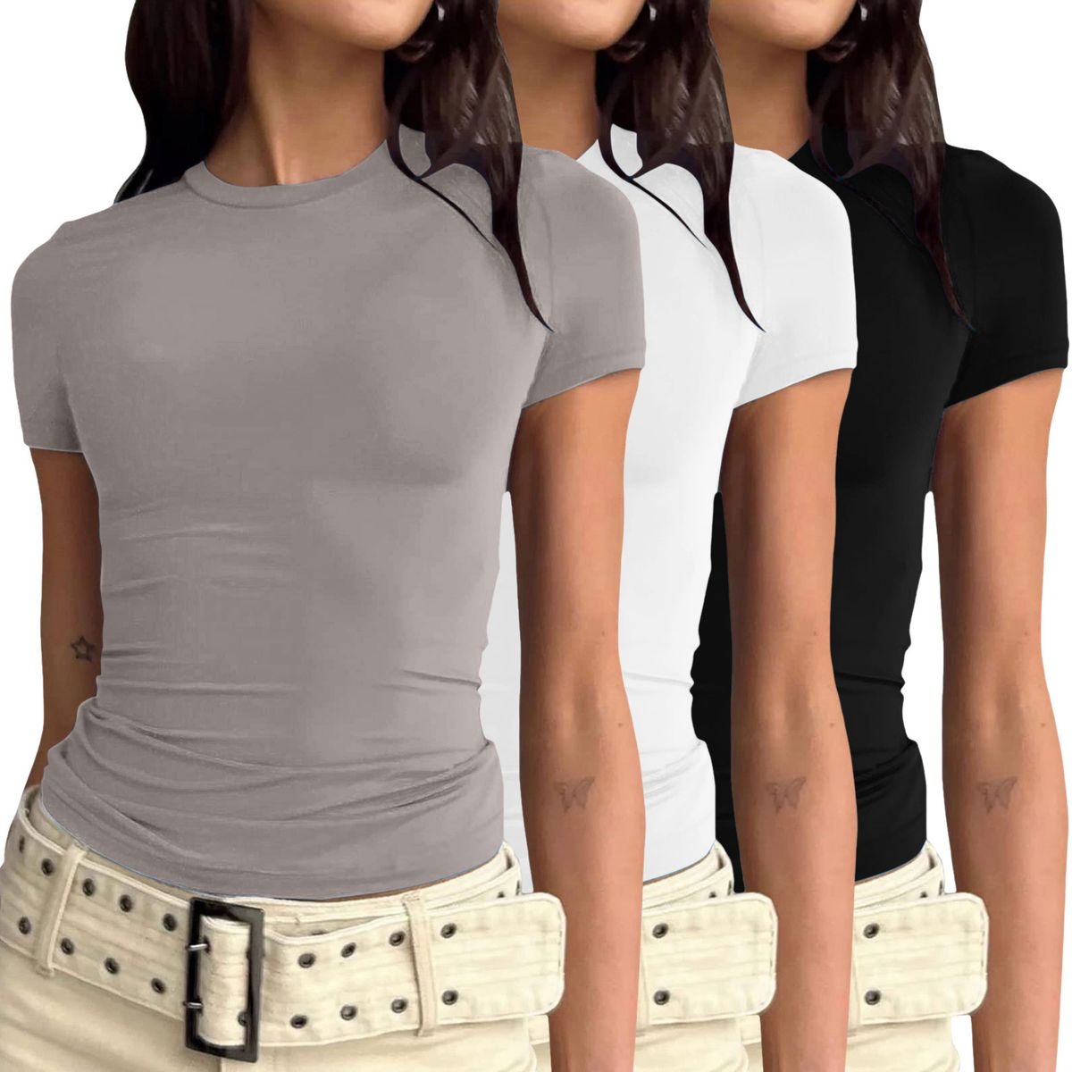 Women's Clothing Casual Long Sleeved Spring And Autumn Solid Color Slim Pullover T Shirt Women's Street Wear Bottoming Shirt Top Three Piece_ecoleips.com