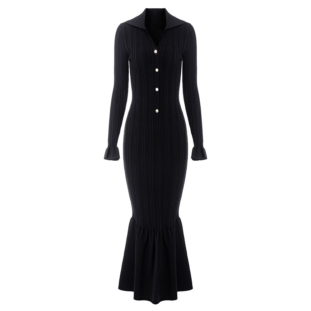 Women's Clothing Autumn And Winter New Polo Collar Wine Red Knitted Dress Body Slim Long Skirt Temperament Hip Fishtail Skirt_ecoleips.com