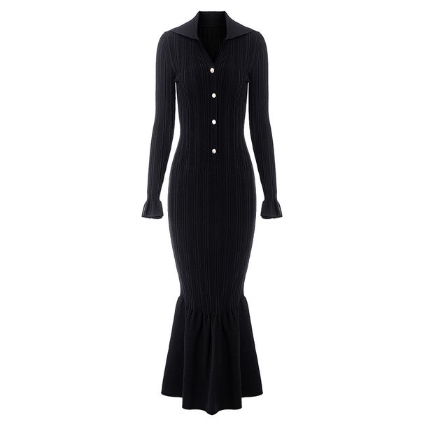 Women's Clothing Autumn And Winter New Polo Collar Wine Red Knitted Dress Body Slim Long Skirt Temperament Hip Fishtail Skirt_ecoleips.com