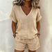 Women's V Neck Short Sleeve Elastic Shorts Set Casual Solid Color Two Piece Clothing American Style New_ecoleips.com