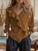 Women's Clothing Solid Color V Neck Long Sleeve V-Neck Flounce Hem Blouse – Lightweight Polyester Tunic Top For Women (Casual & Office Wear)_ecoleips.com