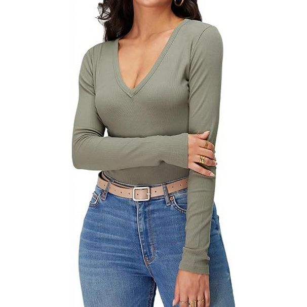 New Hot Selling Women's Slim Fit T-Shirt Sexy V Neck Long Sleeve Casual Top Style Threaded Stripes_ecoleips.com