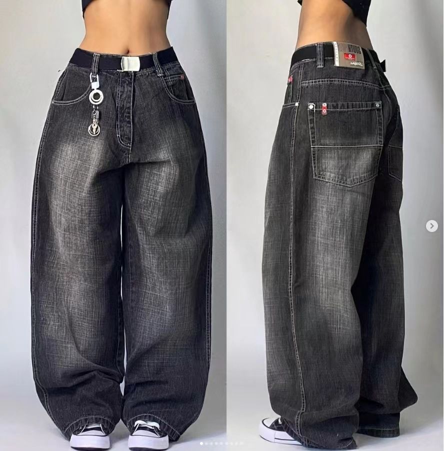 Women's Clothing Black And Gray Denim Wide Leg Pants Jazz Dance Pants High Waist Retro Niche Design Denim Jeans_ecoleips.com