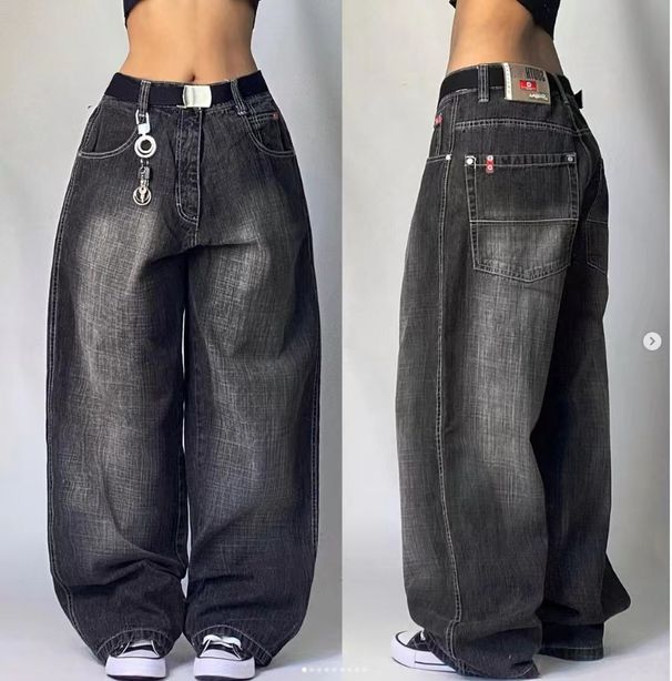 Women's Clothing Black And Gray Denim Wide Leg Pants Jazz Dance Pants High Waist Retro Niche Design Denim Jeans_ecoleips.com