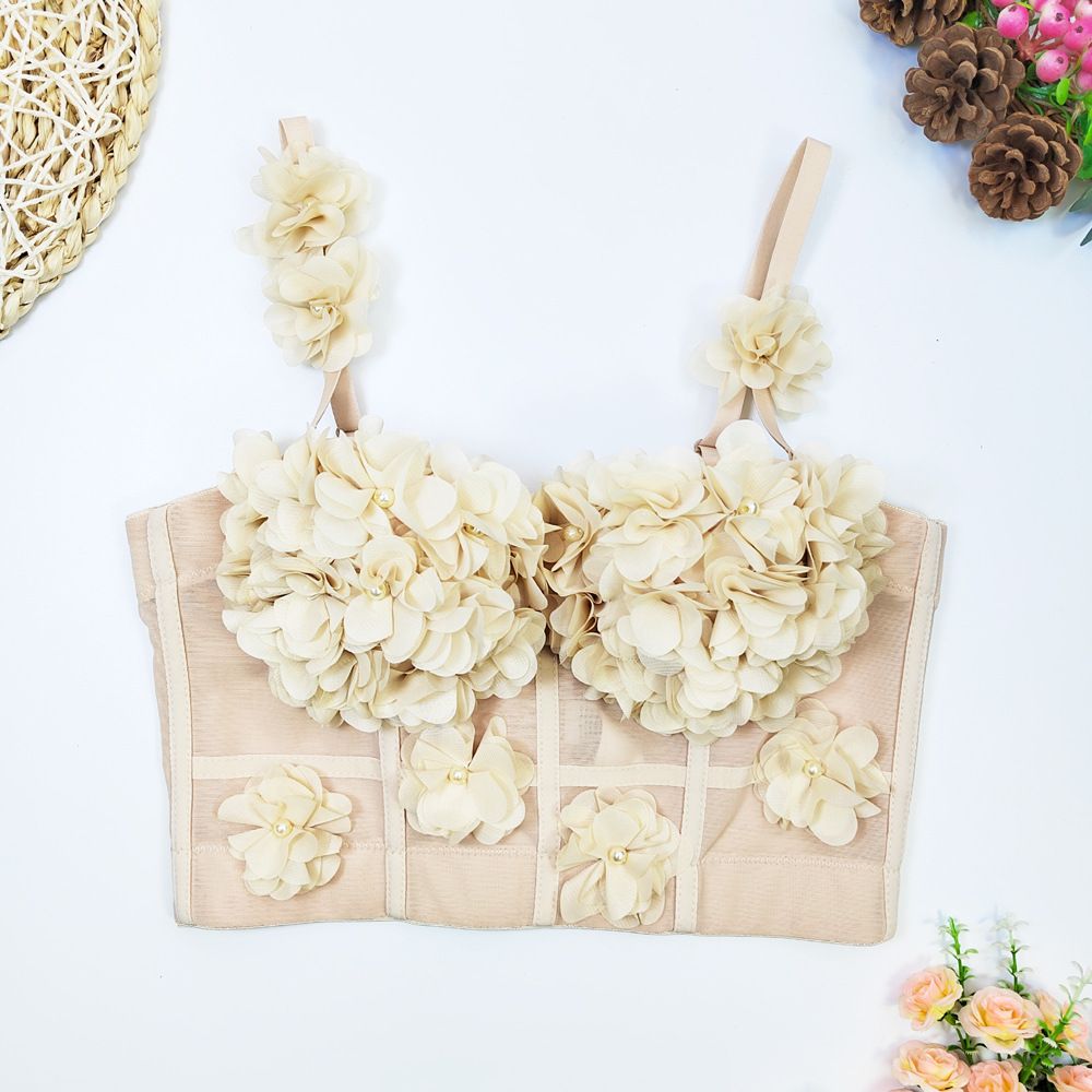 Women's Clothing Lace Mesh Fishbone Sling Short With Chest Pad Flower Small Vest Outer Wear Bottoming Chest Wrap French Beaded Top_ecoleips.com