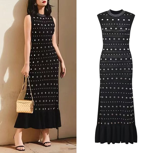 SD Women's French Style Heavy Duty Studded Round Neck Sleeveless Black Knit Long Dress Spring Summer Wear_ecoleips.com