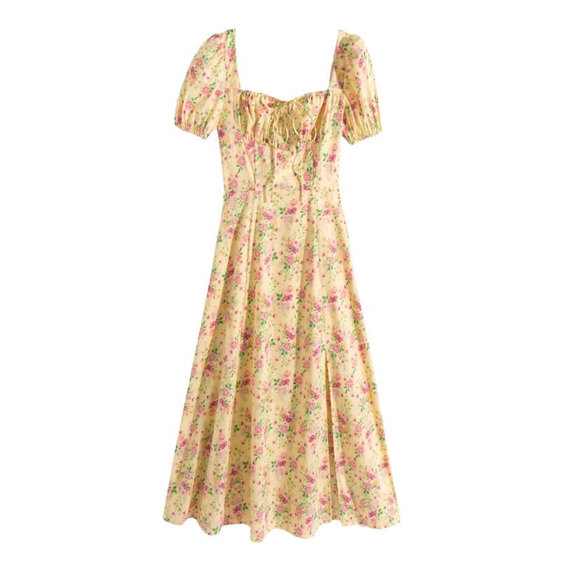 2024 Summer Independent Station European And American Women's Fashion New Floral Square Neck Elegant Slit Maxi_ecoleips.com