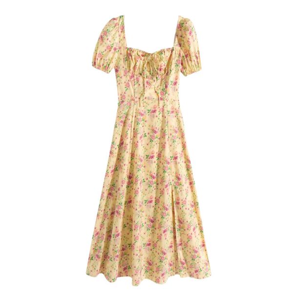 2024 Summer Independent Station European And American Women's Fashion New Floral Square Neck Elegant Slit Maxi_ecoleips.com