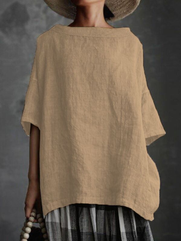 Women's Clothing Summer Style Women's Round Neck T-Shirt Loose Fit Solid Color Cotton Linen Blend Large For Formal & Casual_ecoleips.com
