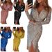 Women's Clothing New Hot Stamping Sexy Long Sleeve Mid Length Skirt V Neck Dress Evening Slit Slim Dress Female_ecoleips.com