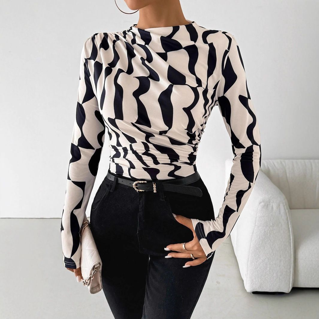 Women's Slim Fit Print Top Ruffled Stand Collar Autumn Winter New Style_ecoleips.com