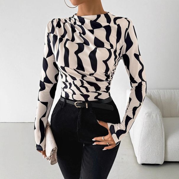 Women's Slim Fit Print Top Ruffled Stand Collar Autumn Winter New Style_ecoleips.com