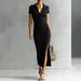 2026 European And American Cross-border Independent Site Casual Short-sleeve Knitted Ribbed Slit Dress New_ecoleips.com