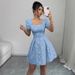 Women's Clothing Summer Elegant Jacquard Dress Slim Fit Square Neck Puff Sleeve A-Line American Style Solid Color_ecoleips.com