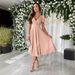 Women's Clothing Sexy V Neck Solid Color Short Sleeved Mid Length Dress_ecoleips.com