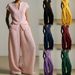 Women's Casual V Neck Pleated Textured Two Piece Set High Waisted Independent Website Bestselling Summer Pant Ensemble_ecoleips.com