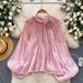 Women's Clothing Soft Satin Pleated Blouse Red Bell Sleeved Loose Fit Slimming French Style Top For Work Spring Summer_ecoleips.com