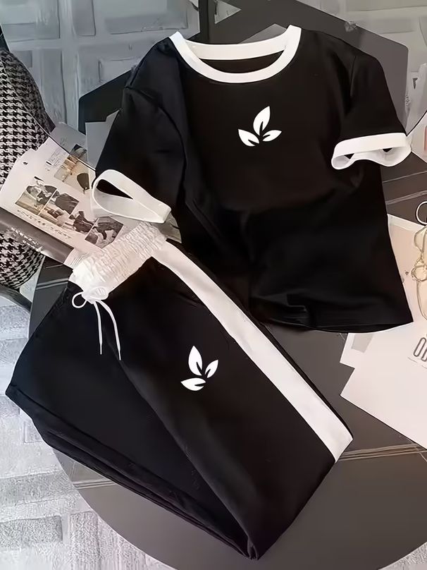 Women's Clothing Black White Color Block Leaf Print T-Shirt And Trouser Set Minimalist Style Women's Clothing For Formal & Casual For Women_ecoleips.com