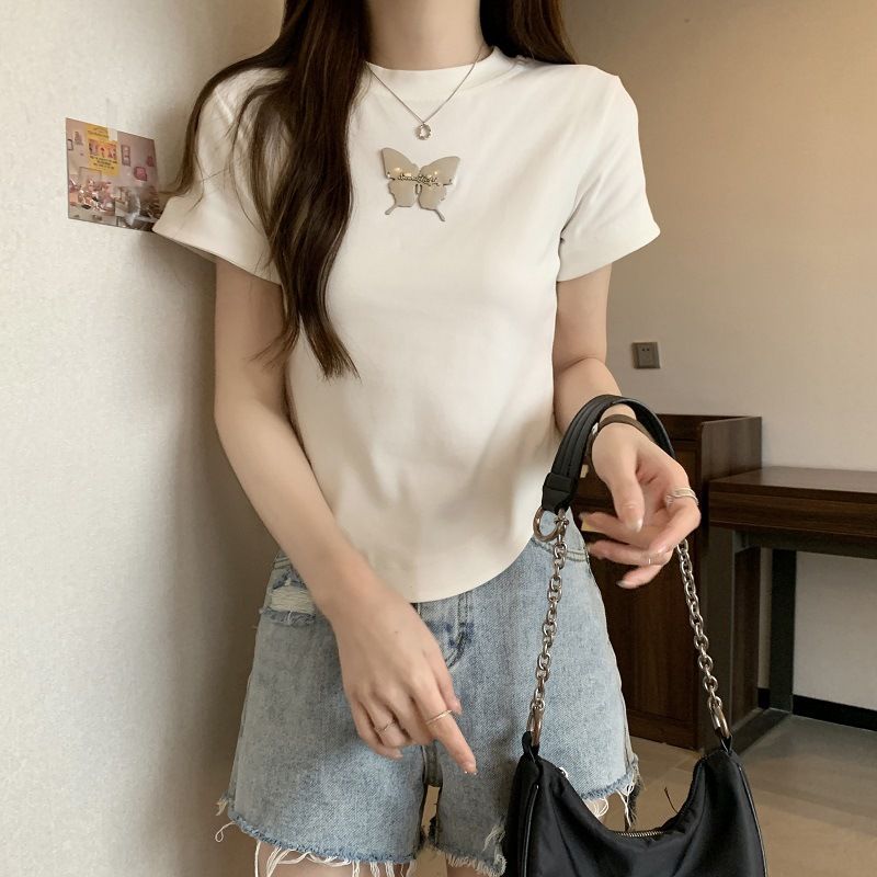 Women’s Clothing Large Size Butterfly Short Sleeved T Shirt For Women Ins Summer Pure Desire Short Popular Simple Style Bottoming Shirt Top_ecoleips.com