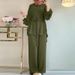 H730 Muslim Women's Solid Color Drawstring Tie Two-Piece Set Round Neck Top Wide-Leg Pants Elegant Ladies Suit_ecoleips.com