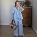 Women's Clothing Sweet Atmosphere Solid Color V Neck Bubble Short Sleeved Trousers Suit_ecoleips.com