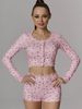 K Floral Print Set, Low Cut Round Neck, Tight Fitting Long Sleeved Top, Shorts, Home Wear_ecoleips.com