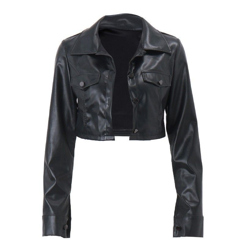 European American Hot Girl Motorcycle With Turn-down Collar And Button Closure, Women's Autumn Sexy Crop Top, Street_ecoleips.com