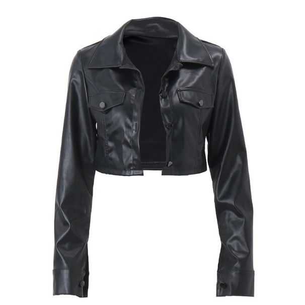 European American Hot Girl Motorcycle With Turn-down Collar And Button Closure, Women's Autumn Sexy Crop Top, Street_ecoleips.com