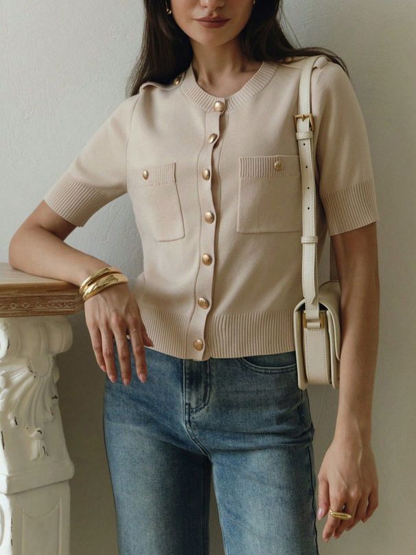 Elegant Knit Cardigan With Metal Buttons & Dual Pockets – Classic Round Neck Fall Sweater Breathable Viscose_ecoleips.com