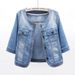 Women's Lightweight Denim Jacket, 3/4 Rolled Sleeve Round Neck Jean Coat, Casual Loose Fit Washed Denim Outwear For Daily Street Wear, Soft Breathable_ecoleips.com