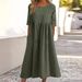 Spring/Summer Round-Neck Dress With 5/8-Length Sleeves, Large Size; Casual, Loose-Fitting Design; Made Of Pure Cotton In_ecoleips.com
