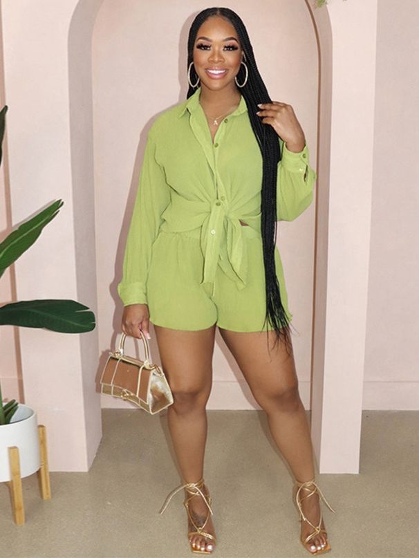 Women's Clothing Spring And Summer Women's Solid Color Loose Lapel Button Shirt Tops And Pockets Wide Leg Short_ecoleips.com