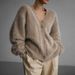 Women's V-Neck Cardigan Sweater Faux Mink Knit Open Front Coat, Oversized Loose Long Sleeve Soft Fall Winter Outerwear, Cozy Chic Casual Office Wear_ecoleips.com