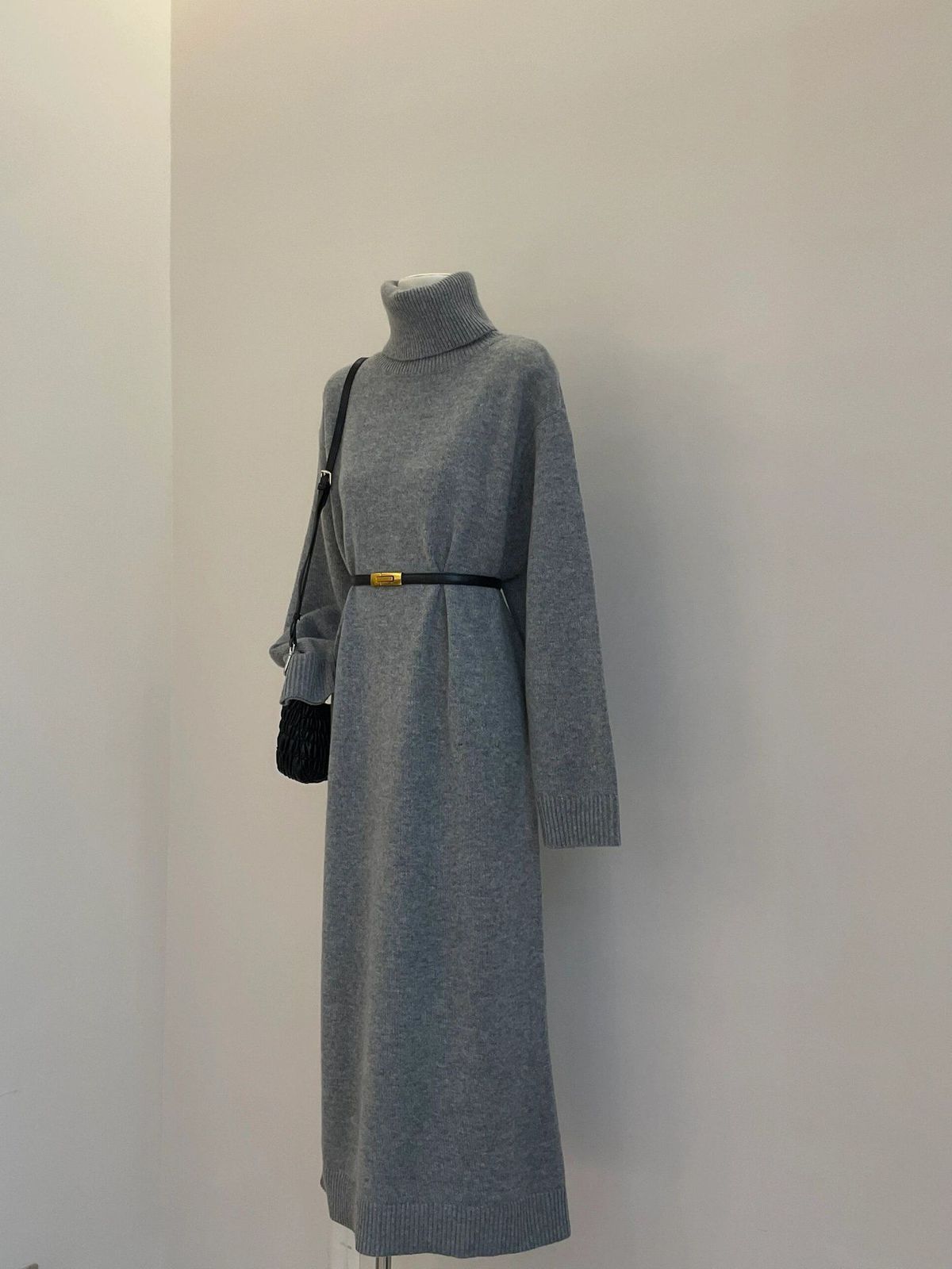 Autumn And Winter New Turtleneck Knitted Dress Femininity Lazy Style Gray Long-sleeved Sweater Long Skirt Bottom Skirt_ecoleips.com