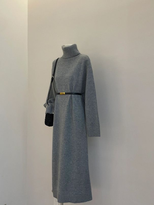 Autumn And Winter New Turtleneck Knitted Dress Femininity Lazy Style Gray Long-sleeved Sweater Long Skirt Bottom Skirt_ecoleips.com