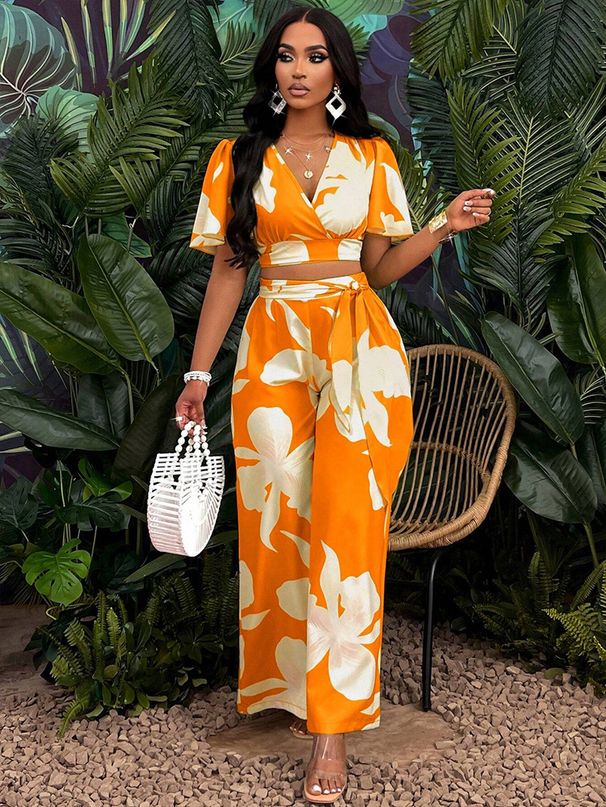 Women's Clothing New Arrival Tropical Print Pleated Butterfly Sleeve Top With Lace Up Wide Leg Trousers Suit_ecoleips.com