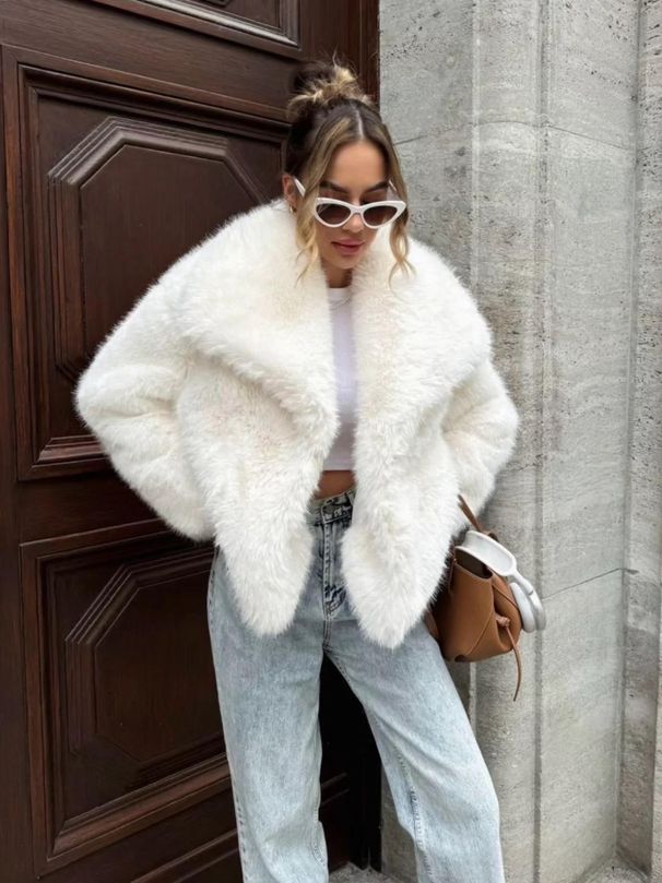 K01 Short Faux Fur Coat With Fox Fur Collar; Fashionable Women's Fur Coat With Plush Fuzziness_ecoleips.com