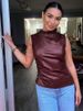 Women Y2K Vintage Pu Simple Basic Tank Top High Waist Skinny Shrunk Slash Cut Sleeveless Tops Versatile Noble Shirts_ecoleips.com