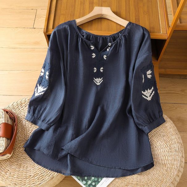 Ethnic-Style Top, Cotton And Linen Embroidered Short-Sleeved Blouse For Women, Summer Embroidered Thin V-Neck Lantern Sl_ecoleips.com