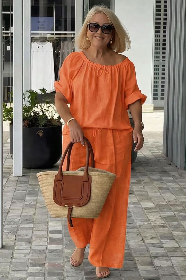 Spring/Summer Women's Two-Piece Set American Style Drawstring Round Neck Top And Loose Pants Casual Comfortable_ecoleips.com