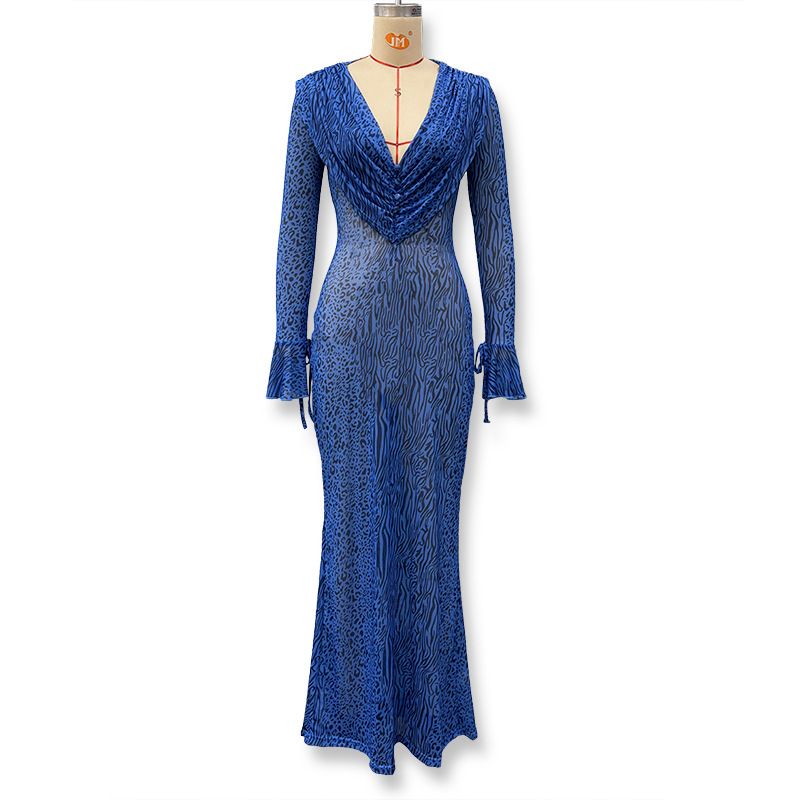 "Women's Leopard Print Bodycon Dress - Deep V Neck Long Sleeve Flared Hem, Sexy & Elegant For Autumn/Winter (Blue, S/M/L)"_ecoleips.com