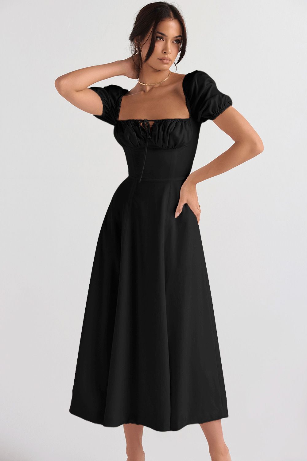 2026 European And American Summer High-Waisted Women's Slimming Elegant Puff Sleeve Tie-Waist Short-Sleeve Dress_ecoleips.com