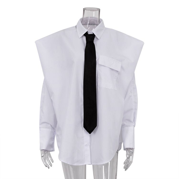 K New Fashion European And American Women's Long Sleeved Lapel Shirt With A Niche Design, Tie, White Shirt_ecoleips.com